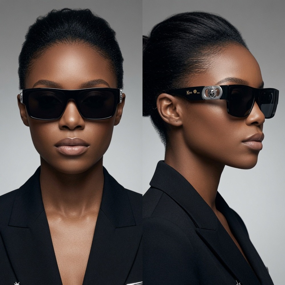 Women Black Oversized Rectangular Sunglasses Silver Lion Medallion Shades Female